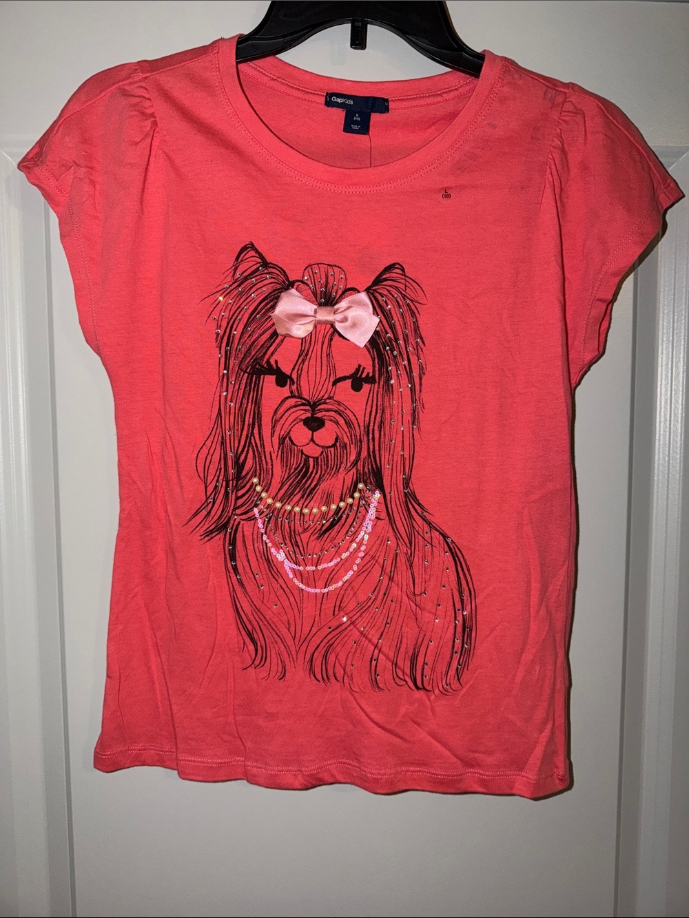GAP Girls Coral Pink Short Sleeve Tee with Light Pink Bow Puppy Dog Graphic Tee